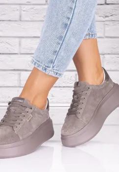 Pantofi dama casual Gri inchis din Piele Naturala Intoarsa Alersa imagine