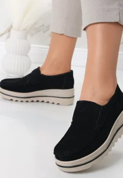 Pantofi dama cu platforma Negri din Piele Naturala Intoarsa Gabrena imagine