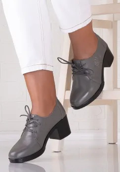 Pantofi dama cu toc Gri din Piele Naturala Krina imagine