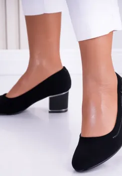 Pantofi dama cu toc Negri din Piele Ecologica Intoarsa si strasuri Malvi imagine