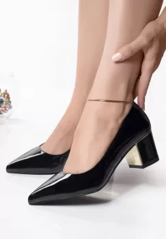 Pantofi dama negri cu toc piele ecologica flora imagine