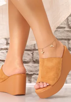 Papuci dama cu platforma Camel din Piele Ecologica Intoarsa Acalva imagine