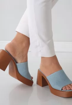 Papuci dama cu toc Albastri din Textil/Blug Minyl imagine