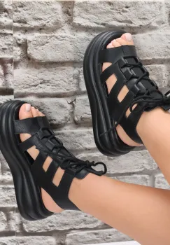 Sandale dama cu platforma Negre din Piele Ecologica Arsel imagine