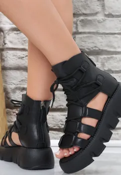 Sandale dama cu platforma Negre din Piele Ecologica Lorca imagine