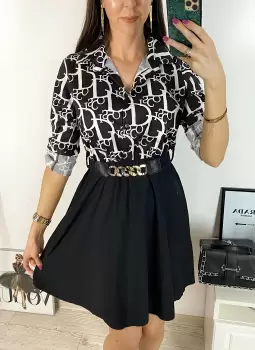 Rochie dama eleganta midi neagra cu pliuri si imprimeu litere Half