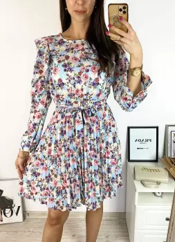 Rochie dama ieftina albastra midi cu pliuri si volanase si imprimeu multifloral