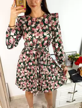 Rochie dama ieftina verde cu pliuri si volanase si imprimeu multifloral