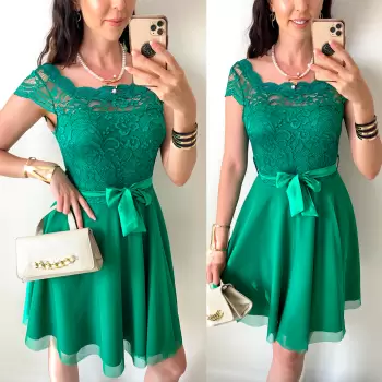 Rochie de ocazie ieftina scurta verde din tul si dantela