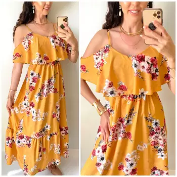 Rochie midi casual ieftina galben mustar cu imprimeu floral si maneci cazute pe umeri