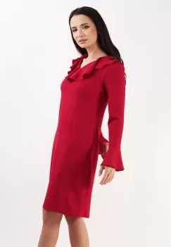 Rochie evazata cu volan la decolteu rosu 36 imagine