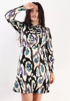 Rochie evazata din print satinat Bej 36 imagine