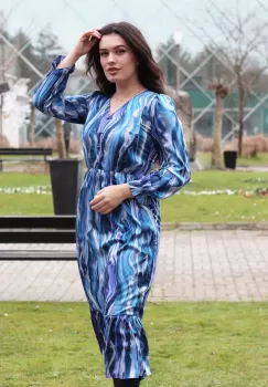 Rochie lunga din print satinat albastru 36 imagine