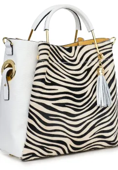 Geanta din piele cu par de ponei Fabiana alb/zebra imagine