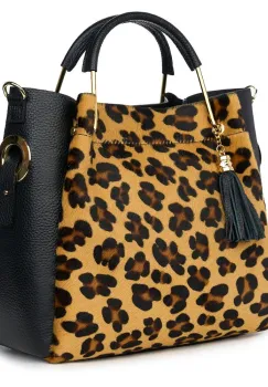 Geanta din piele cu par de ponei Fabiana negru/animal print imagine