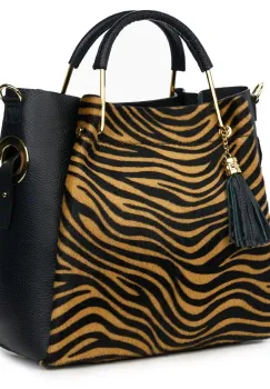 Geanta din piele cu par de ponei Fabiana negru/zebra maro imagine
