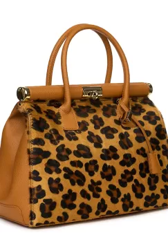 Geanta piele cu par de ponei Bianca cognac/animal print imagine