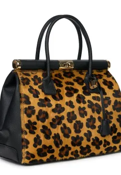 Geanta piele cu par de ponei Bianca negru/animal print imagine