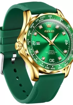 Ceas barbatesc Olevs CS1621, curea de silicon, verde-auriu, cadran verde imagine