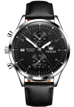 Ceas barbatesc Olevs CS1663, curea de piele naturala, negru-argintiu, cadran negru imagine