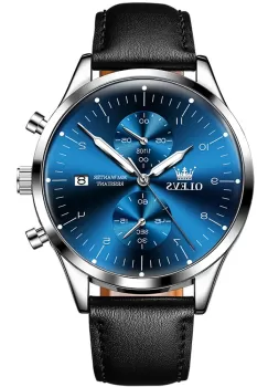 Ceas barbatesc Olevs CS1664, curea de piele naturala, negru-argintiu, cadran albastru imagine