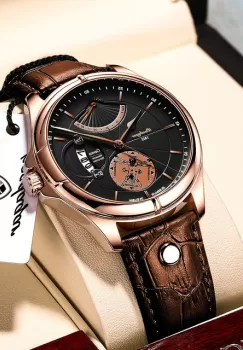 Ceas barbatesc Poedagar CS1328, curea piele naturala, maro, cadran negru imagine