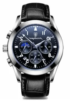 Ceas barbatesc Poedagar CS1338, curea piele naturala, negru/argintiu, cadran albastru imagine