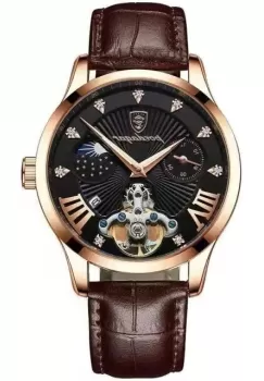 Ceas barbatesc Poedagar CS1349, curea piele naturala, maro/auriu, cadran negru imagine