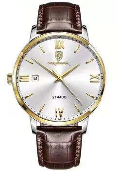 Ceas barbatesc Poedagar CS1479, curea piele naturala, maro-auriu, cadran alb imagine