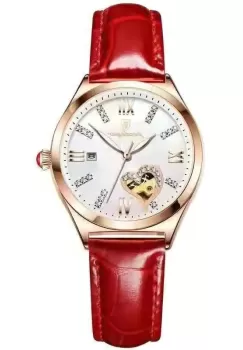 Ceas dama Poedagar CS1518, curea piele naturala, rosu, cadran alb imagine