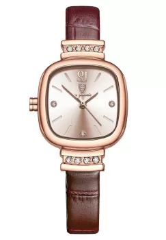 Ceas de dama Poedagar CS1666, curea de piele naturala, maro, cadran rose gold imagine