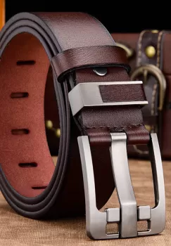 Curea pentru barbati C-60, piele naturala, Maro-Argintiu imagine