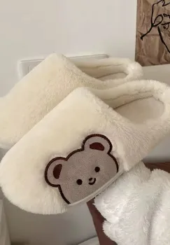 Papuci de casa pentru femei PC013, Fluffy Bears, Crem imagine