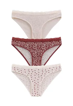 Set 3 perechi de chiloti din bumbac, cu dantela, pentru dama, 39750, Rosu/Crem imagine