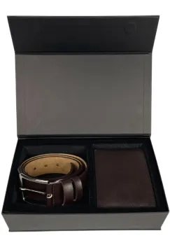 Set cadou pentru barbati, Portofel + Curea, piele naturala, model elegant, Maro, SET4 imagine