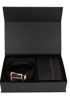 Set cadou pentru barbati, Portofel + Curea, piele naturala, model elegant, Negru/maro, SET7 imagine