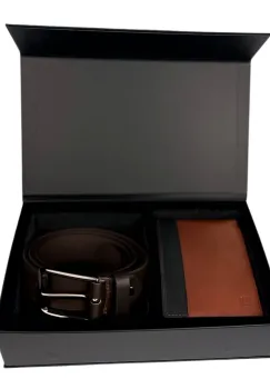 Set cadou pentru barbati, Portofel + Curea, piele naturala, model elegant, Negru-Maro, SET9 imagine