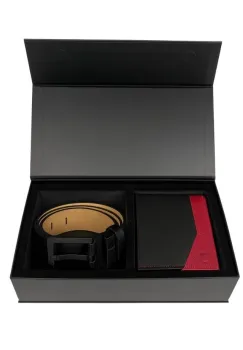 Set cadou pentru barbati, Portofel + Curea, piele naturala, model elegant, Negru/rosu, SET5 imagine