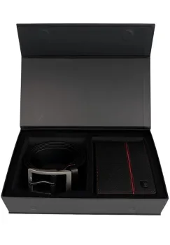 Set cadou pentru barbati, Portofel + Curea, piele naturala, model elegant, Negru/rosu, SET6 imagine