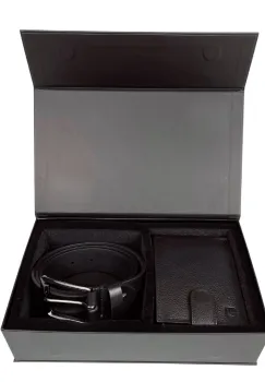 Set cadou pentru barbati, Portofel + Curea, piele naturala, model elegant, Negru, SET2 imagine