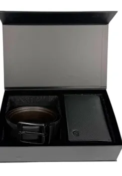 Set cadou pentru barbati, Portofel + Curea, piele naturala, model elegant, Negru, SET8 imagine