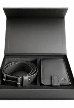 Set cadou pentru barbati, Portofel + Curea, piele naturala, model elegant, SET26, Negru imagine