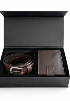 Set cadou pentru barbati, Portofel + Curea, piele naturala, model elegant, SET30, Maro imagine