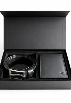Set cadou pentru barbati, Portofel + Curea, piele naturala, model elegant, SET31, Negru imagine