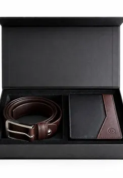 Set cadou pentru barbati, Portofel + Curea, piele naturala, model elegant, SET32, Maro/Negru imagine