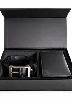 Set cadou pentru barbati, Portofel + Curea, piele naturala, model elegant, SET33, Negru/Negru imagine