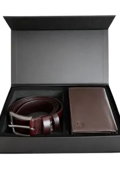 Set cadou pentru barbati, Portofel + Curea, piele naturala, model elegant, SET34, Maro inchis/Negru imagine