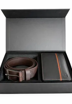 Set cadou pentru barbati, Portofel + Curea, piele naturala, model elegant, SET35, Maro /Negru imagine
