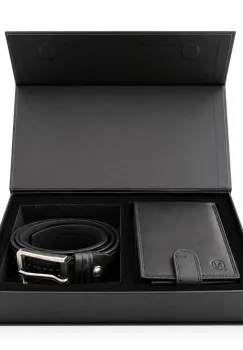 Set cadou pentru barbati, Portofel + Curea, piele naturala, model elegant, SET39, Negru imagine