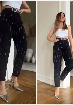 Blugi negri dama cu strasuri si talie inalta imagine